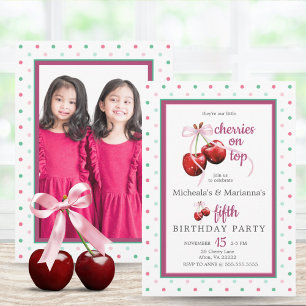 Twin Cherries On Top Cherry Pink Bow Birthday Invitation
