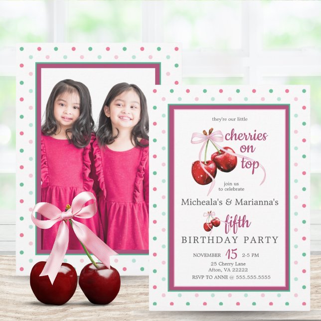Twin Cherries On Top Cherry Pink Bow Birthday Invitation (Twin Cherries On Top Cherry Pink Bow Birthday)