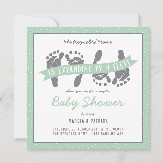 Twin Couples Shower Sage Polka Dots Gender Neutral Invitation (Front)