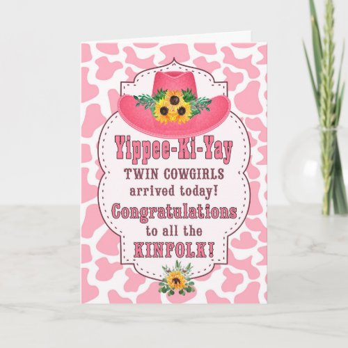 Twin Cowgirls New Baby Pink Western Congratulation Card