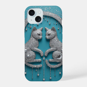 Twin Crystal Cats ✨ Elegant Symmetry Jewelry iPhone 15 Case