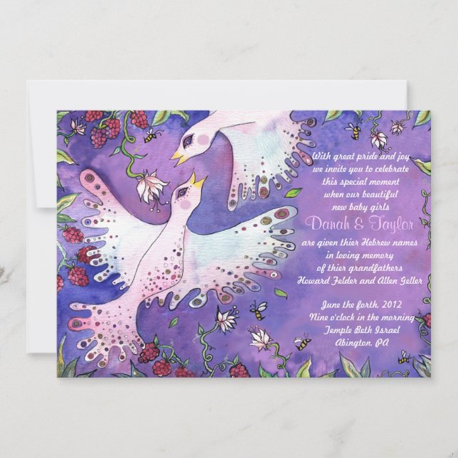 Twin Doves Jewish Baby Naming Invitation Hebrew (Front)