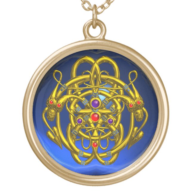 TWIN DRAGONS Blue Sapphire Gold Plated Necklace (Front)