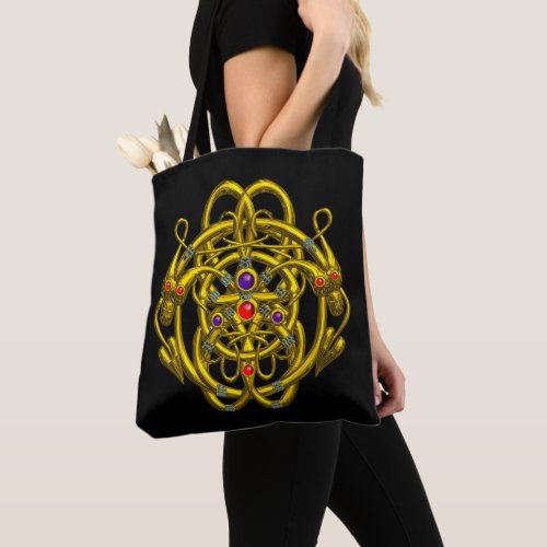 TWIN DRAGONS Gold Celtic KnotsGemstones in Black Tote Bag