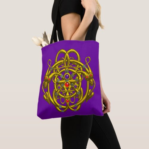 TWIN DRAGONS Gold Celtic KnotsGemstones in Purple Tote Bag