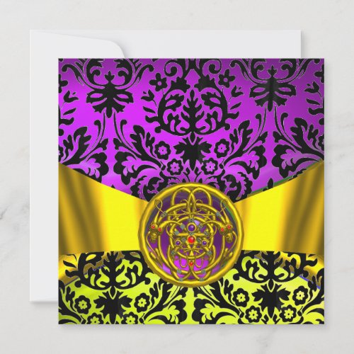 TWIN DRAGONS GOLD PURPLE BLACK DAMASK MONOGRAM INVITATION