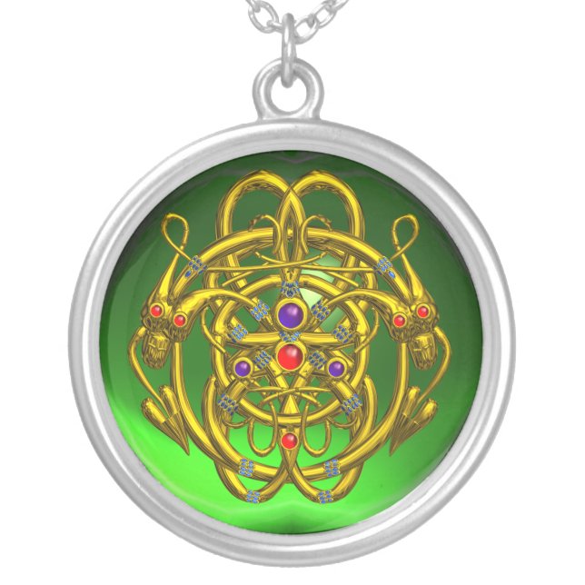 TWIN DRAGONS Green Emerald Silver Plated Necklace (Front)