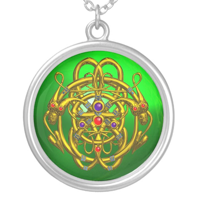 TWIN DRAGONS Green Emerald Silver Plated Necklace (Front)