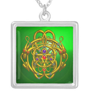 TWIN DRAGONS Green Emerald Silver Plated Necklace