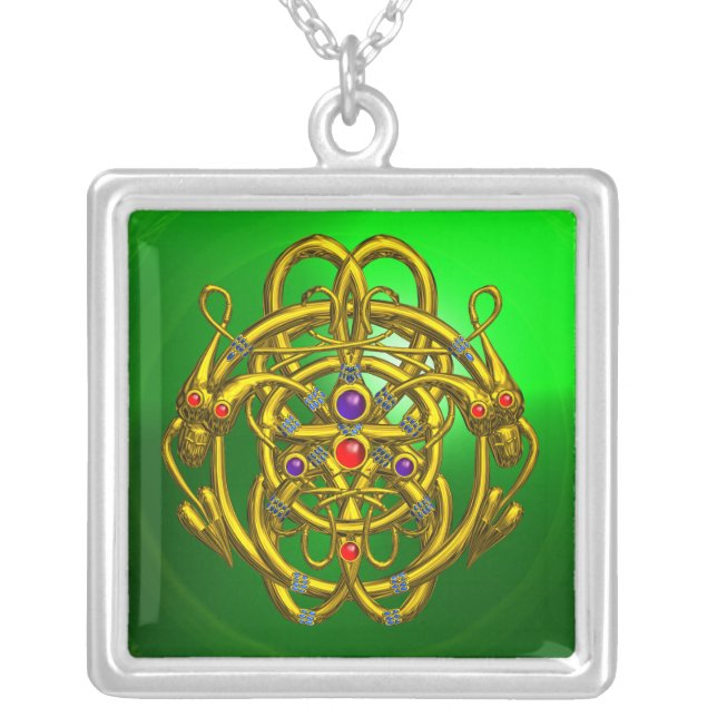 TWIN DRAGONS Green Emerald Silver Plated Necklace (Front)