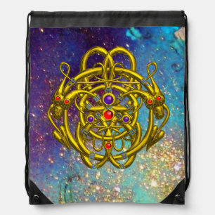 TWIN DRAGONS IN TEAL BLUE GREEN GOLD SPARKLES DRAWSTRING BAG