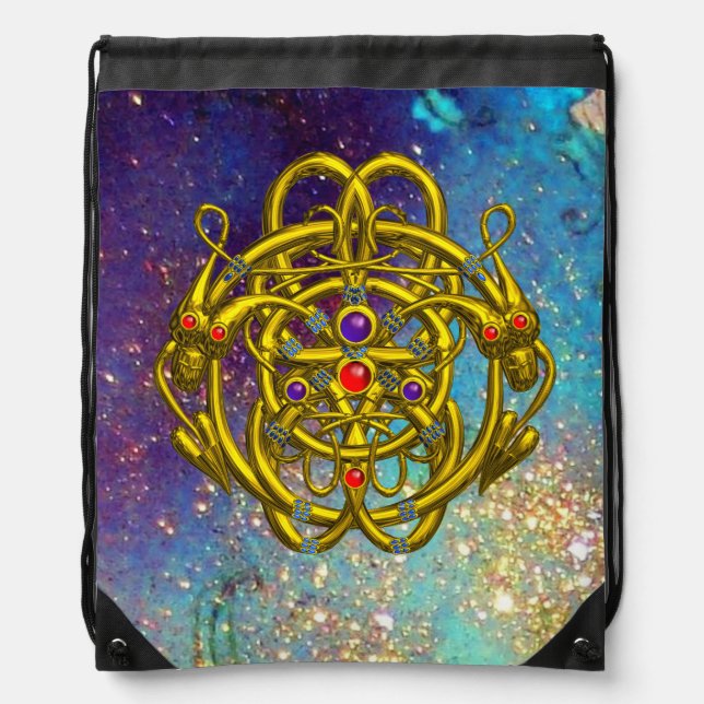 TWIN DRAGONS  IN TEAL BLUE GREEN GOLD SPARKLES  DRAWSTRING BAG (Front)