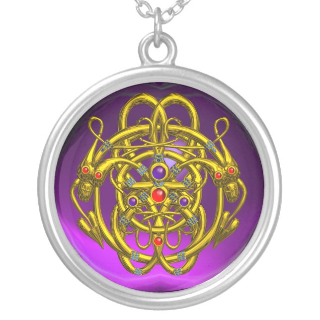 TWIN DRAGONS Purple Amethyst Silver Plated Necklace (Front)