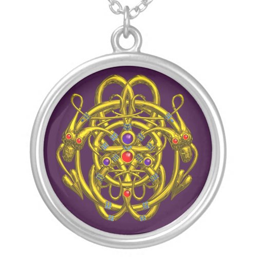 TWIN DRAGONS Purple Silver Plated Necklace