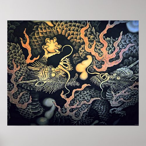Twin Dragons Temple Japanese Eastern Poster