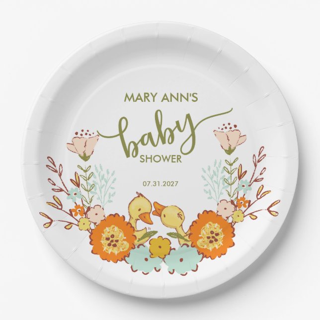 Twin Ducklings Baby Shower Paper Plates (Front)