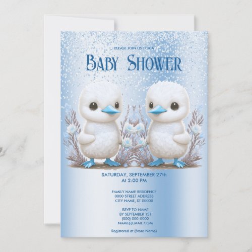 Twin Ducks Blue Floral Baby Shower Invitation
