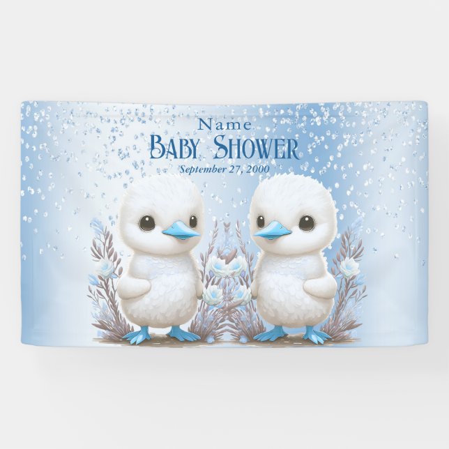 Twin Ducks Blue Floral Baby Shower Welcome Banner (Horizontal)