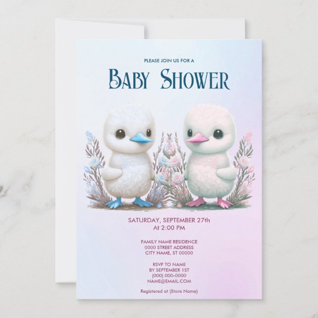 Twin Ducks Floral Baby Shower Invitation (Front)