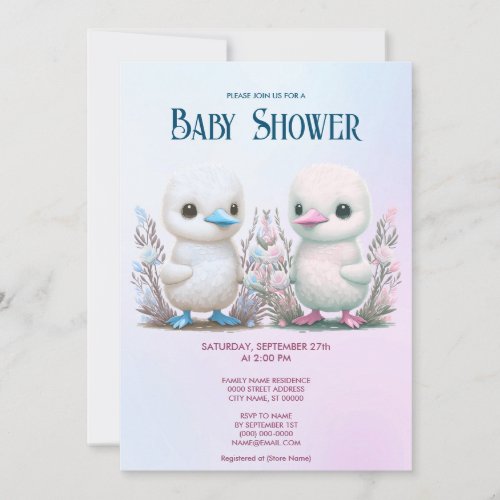 Twin Ducks Floral Baby Shower Invitation