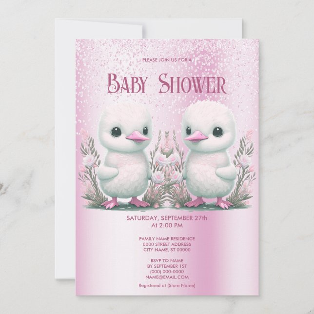 Twin Ducks Pink Floral Baby Shower Invitation (Front)
