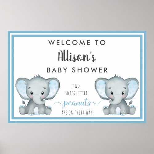 Twin Elephant Baby Boy Shower Welcome Poster