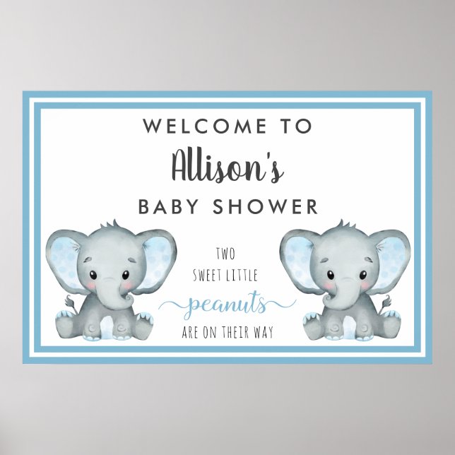 Twin Elephant Baby Boy Shower Welcome Poster (Front)