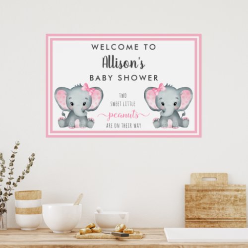 Twin Elephant Baby Girl Shower Welcome Poster