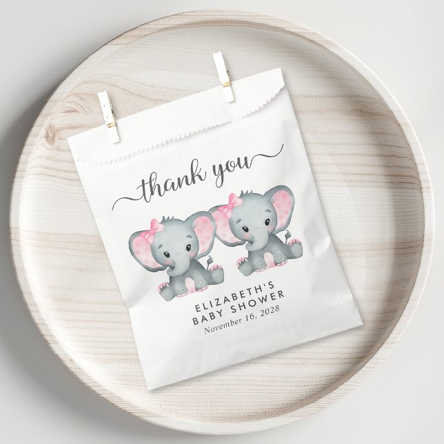Twin Elephant Baby Girls Shower Thank You Favor Bag (Creator Uploaded)