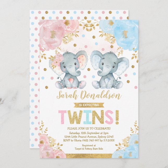 Twin Elephant Baby Shower Boy & Girl Twins Invitation (Front/Back)