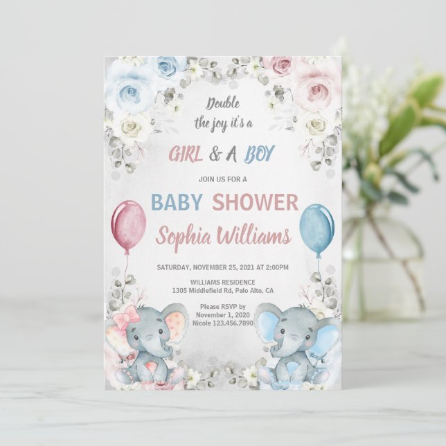 Twin Elephant Baby Shower Boy & Girl Twins Invitation (Standing Front)