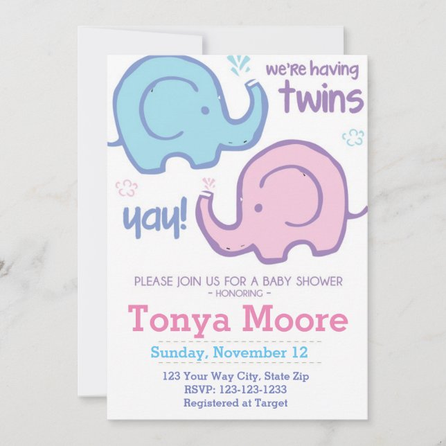 Twin Elephant Baby Shower Invitation (fraternal) (Front)