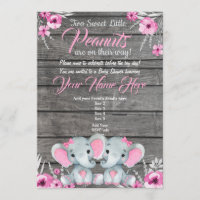 Twin Elephant Baby Shower Invitation, rustic, pink Invitation