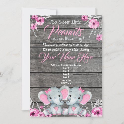 Twin Elephant Baby Shower Invitation rustic pink Invitation