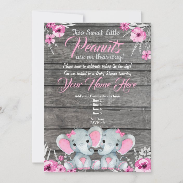 Twin Elephant Baby Shower Invitation Rustic Pink Invitation Zazzle Com