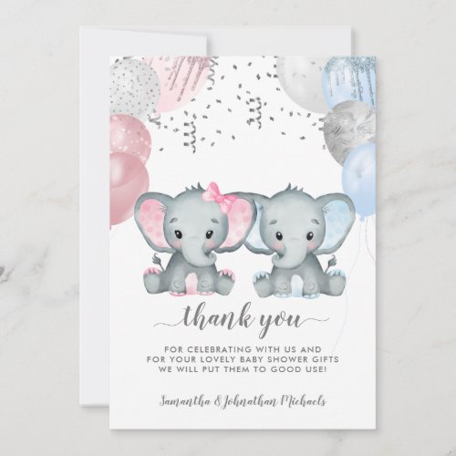 Twin Elephant Balloons Watercolor Baby Shower Thank You Card
