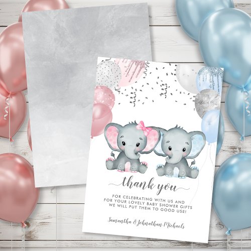 Twin Elephant Balloons Watercolor Baby Shower Thank You Card