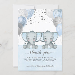 Twin Elephant Boy Balloons Watercolor Baby Shower Thank You Card