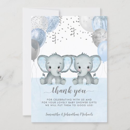 Twin Elephant Boy Balloons Watercolor Baby Shower Thank You Card