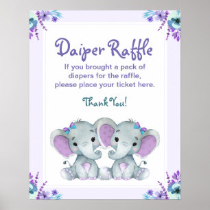 Twin Elephant Diaper Raffle Baby Shower Game Sign 
