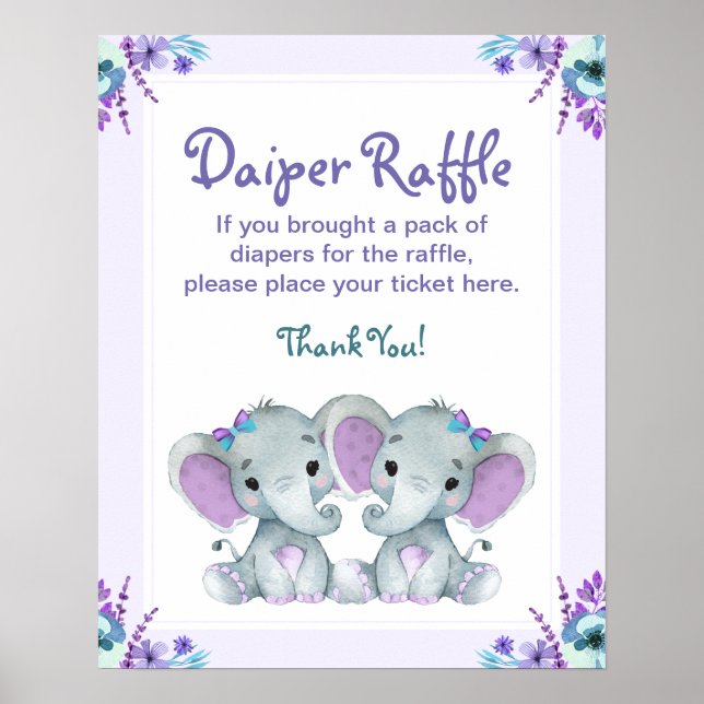 Twin Elephant Diaper Raffle Baby Shower Game Sign  (Front)