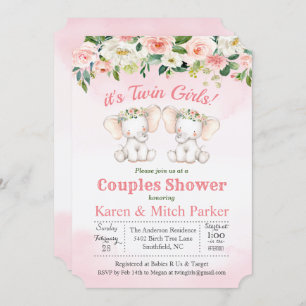 TWIN Elephant Floral Baby Shower Invitation