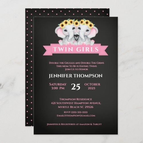  Twin Elephant Sunflower Baby Shower Chalkboard  Invitation