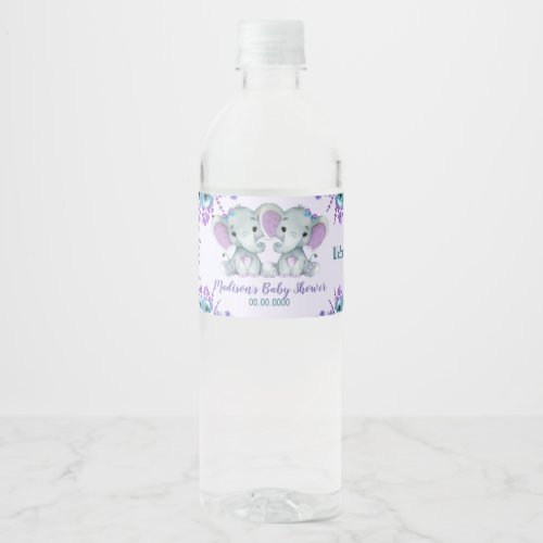 Twin Elephant water bottle label girl Purple Teal 