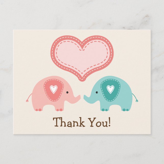 Twin Elephants Baby Shower Thank You Postcard (Front)