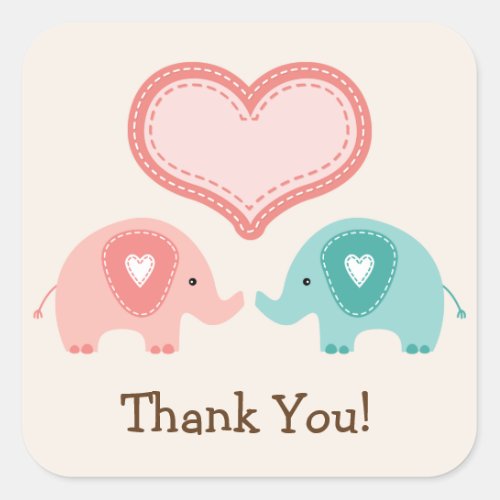 Twin Elephants Baby Shower Thank You Square Sticker