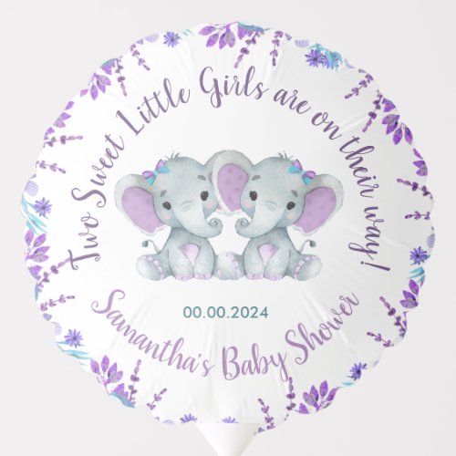 Twin Elephants Balloon Baby Shower Purple Teal 
