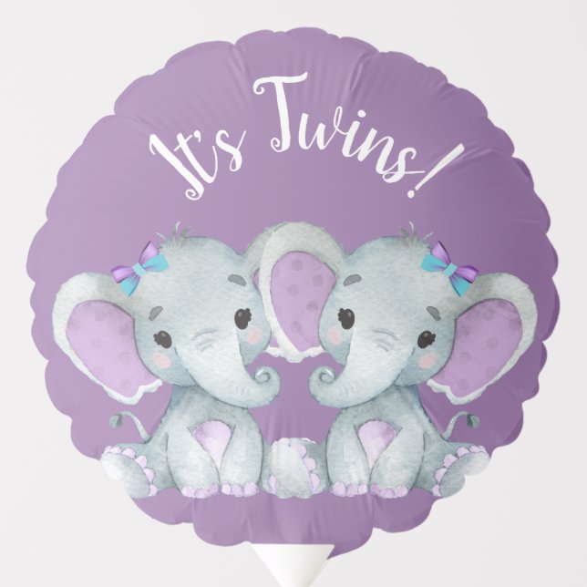 Twin Elephants Balloon Baby Shower Purple Teal (Front)