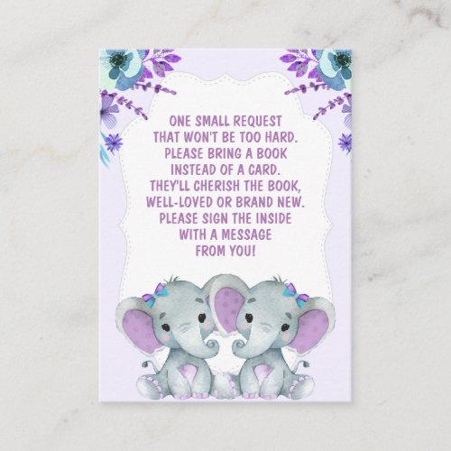 Twin Elephants Book Request Girl Baby ShowerPurple Enclosure Card
