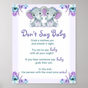 Twin Elephants Don't Say Baby Girl Shower Game Poster